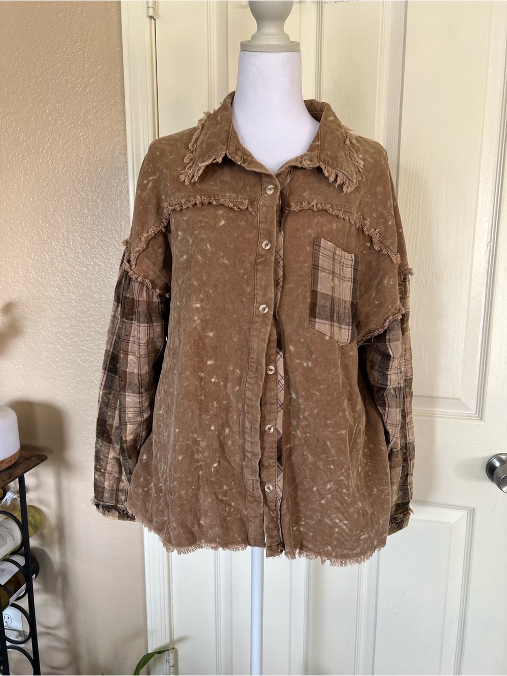 BiBi Brown Corduroy Plaid Patchwork Shacket Bleached Frayed Overshirt L